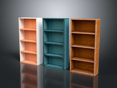 Three Wooden Shelving Units with Light Wood Blue and Brown Open Design Multiple Shelves 3d model