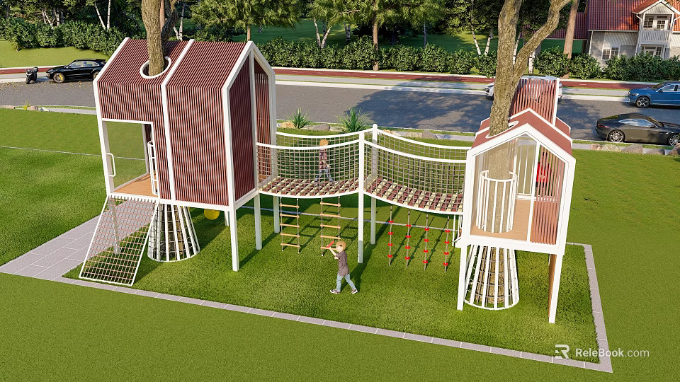 Fun Kids Tree House With Red Roofs White Structure And Climbing Net On Grass Lawn 3d model 