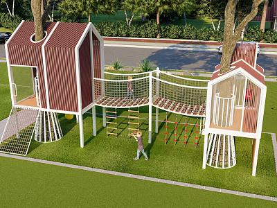 Fun Kids Tree House With Red Roofs White Structure And Climbing Net On Grass Lawn 3d model