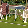 Fun Kids Tree House With Red Roofs White Structure And Climbing Net On Grass Lawn
