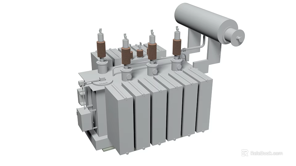 Industrial Power Transformer With Insulation Bushings Radiator Fins And Oil Tank 3d model 