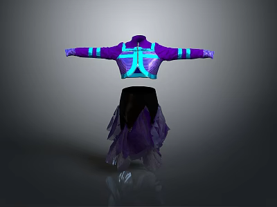 Blue Purple Decorative Top With Striped Sleeves And Black Skirt With Purple Frills 3d model