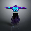 Blue Purple Decorative Top With Striped Sleeves And Black Skirt With Purple Frills