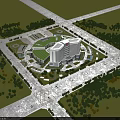 Modern Hospital Building With Circular Green Roof Surrounded by Trees and Parking Area