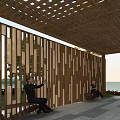 Wooden Pergola With Lattice Roof Laser-Cut Screen Wall Benches And Seaside View Relaxation Space