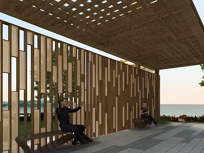 Wooden Pergola With Lattice Roof Laser-Cut Screen Wall Benches And Seaside View Relaxation Space 3d model