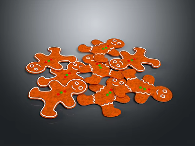 Freshly Baked Gingerbread Men Cookies Orange with White Icing Edges and Green Decorations 3d model