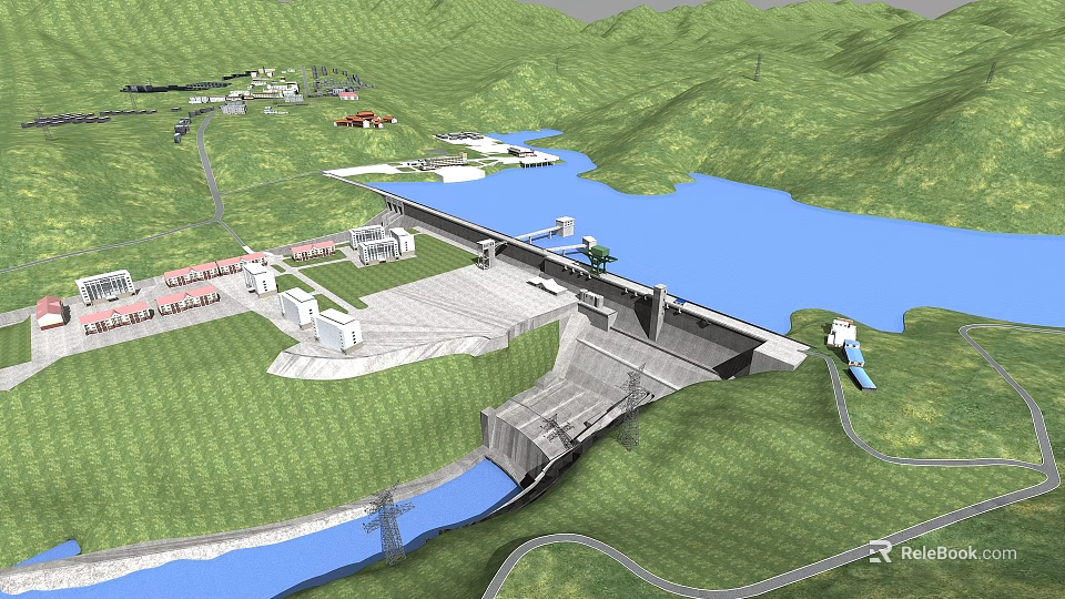 Detailed 3D Rendering Of Large Hydroelectric Dam With Natural Mountain Reservoir And Supporting Working Facilities 3d model 