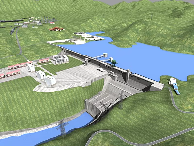 Detailed 3D Rendering Of Large Hydroelectric Dam With Natural Mountain Reservoir And Supporting Working Facilities 3d model