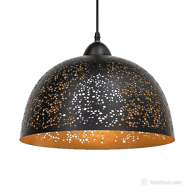 Black Dome Shaped Pendant Light With Perforated Holes And Golden Rim Starry Effect 3d model 
