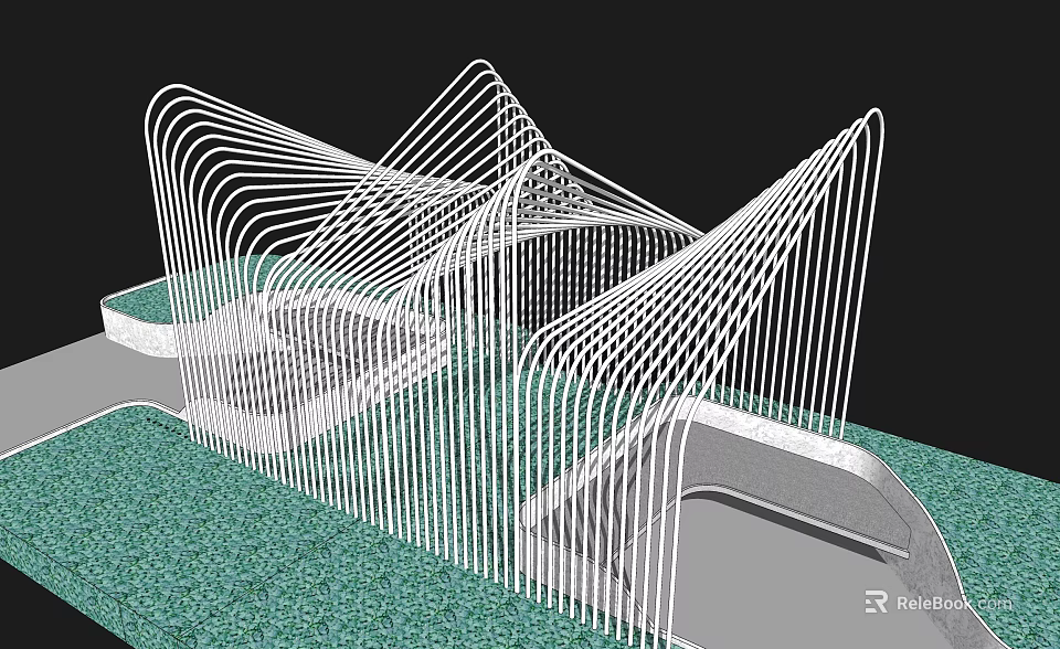 Modern Pergola Design with White Curved Metal Frames and Green Ground 3d model 