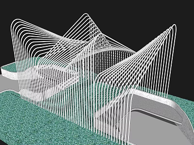 Modern Pergola Design with White Curved Metal Frames and Green Ground 3d model