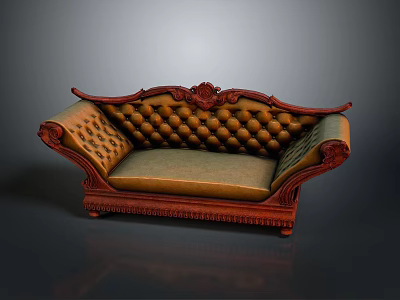 Traditional Carved Wooden Frame Sofa With Curved Armrests And Tufted Upholstery 3d model