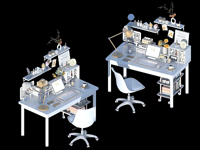 Two Modern Home Office Desks with Laptop Desk Lamp Decorative Items and Ergonomic Chairs 3d model