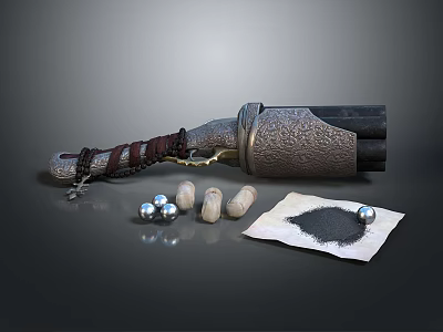 Vintage Leather Wrapped Cannon With Metal Balls Wooden Plugs And Gunpowder On Paper 3d model