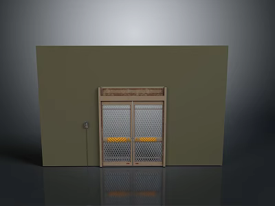Yellow Cushioned Bench Inside Wooden Framed Glass Double Door In Green Wall Space 3d model