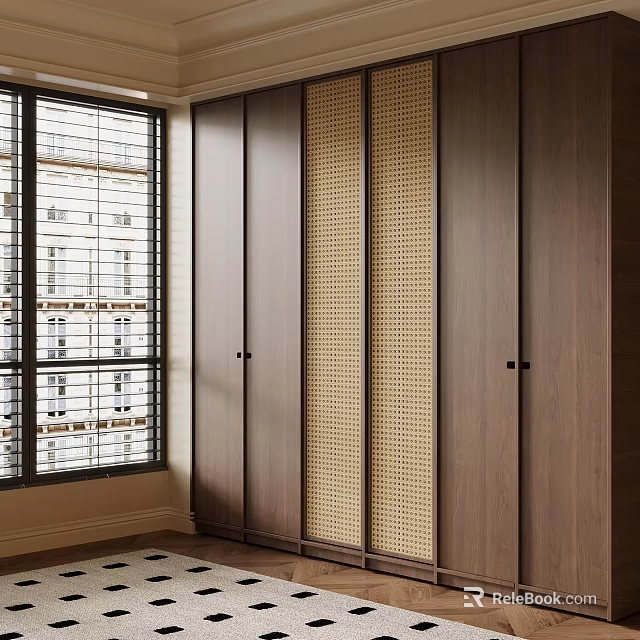 Modern Wooden Wardrobe Design With Rattan Panels And Sliding Doors 3d model 