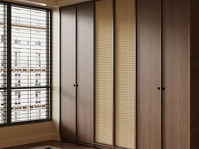 Modern Wooden Wardrobe Design With Rattan Panels And Sliding Doors 3d model