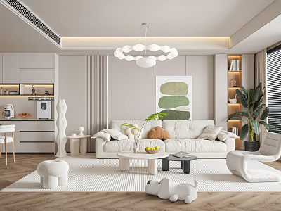 Modern Cream Tone Living Room Interior With Plush Sofa Creative Furniture And Warm Home Decor 3d model