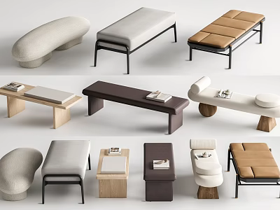 Various Modern Ottoman Styles With Soft Upholstery Neutral Colors And Metal Wooden Legs 3d model
