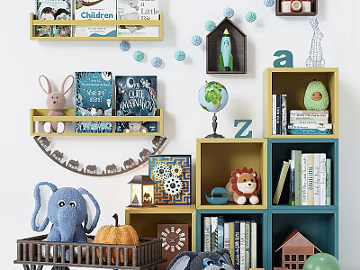 Cute Plush Toys in Children's Room with Colorful Bookshelves Globe and Alphabet Decor 3d model