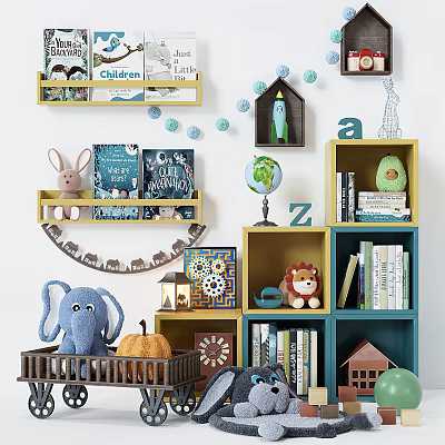 Cute Plush Toys in Children's Room with Colorful Bookshelves Globe and Alphabet Decor 3d model