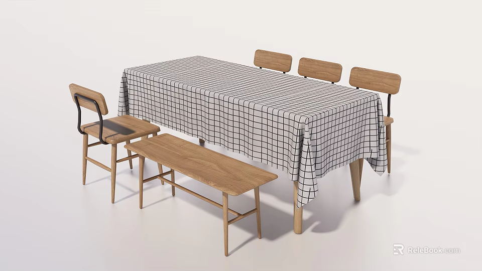 Simple Style Dining Table Set With Black White Checkered Tablecloth Wooden Chairs And Bench 3d model 