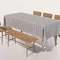 Simple Style Dining Table Set With Black White Checkered Tablecloth Wooden Chairs And Bench