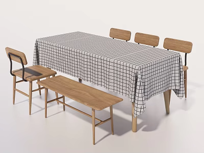 Simple Style Dining Table Set With Black White Checkered Tablecloth Wooden Chairs And Bench 3d model