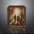 Golden Framed Artwork Of Two People Walking On Forest Path With Sunlight