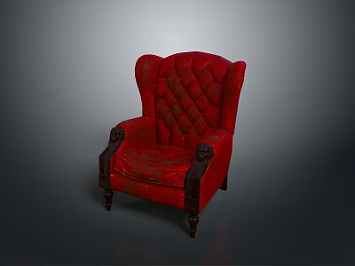 Elegant Red Classic Armchair With Tufted Diamond Pattern Backrest Armrests And Wooden Carved Legs 3d model
