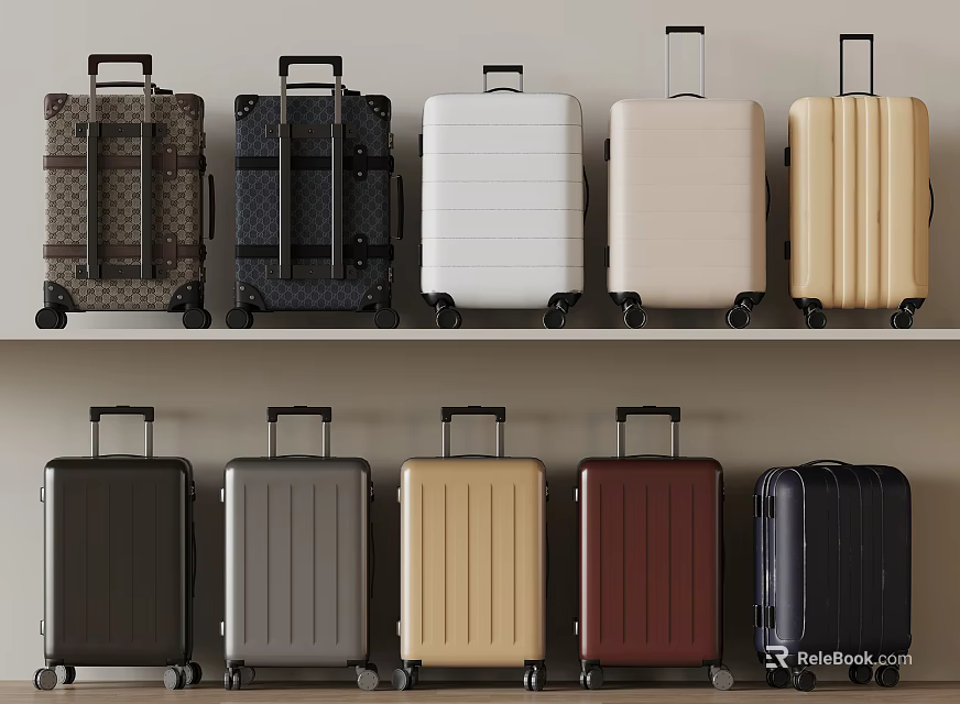 Stylish Suitcases In Various Colors Displayed On Shelves For Travel Use 3d model 