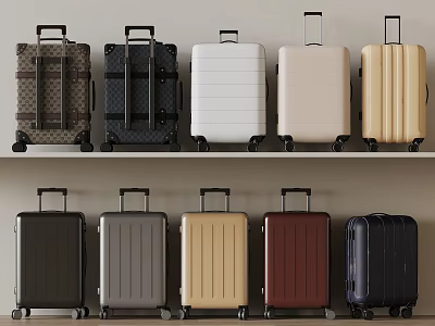 Stylish Suitcases In Various Colors Displayed On Shelves For Travel Use 3d model