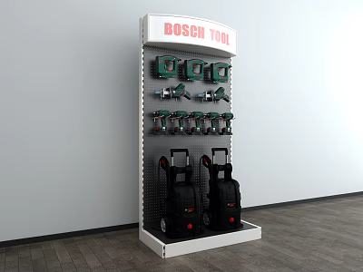 BOSCH Power Tools Display On White Multi Tiered Retail Rack With Wheeled Equipment 3d model