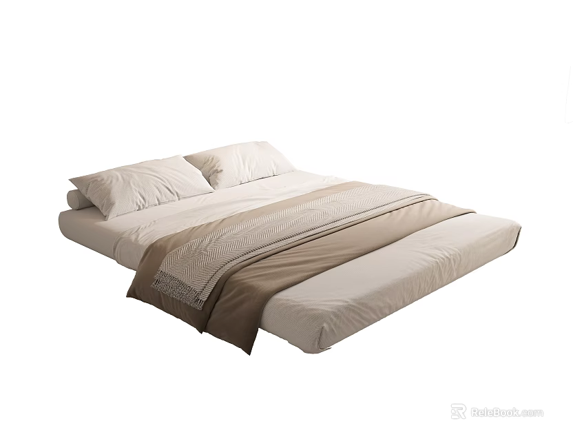 Modern Comfortable Mattress with Soft Pillows and Beige Layered Blanket in Minimalist Style 3d model 