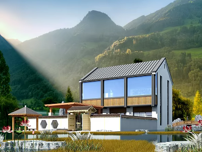 Modern Detached Villa With Mountain View Courtyard And Natural Garden Landscape Design 3d model