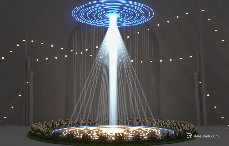 Photo Spot Featuring Blue Halo White Light Beam Arched Structures String Lights And Circular Flower Bed 3d model 
