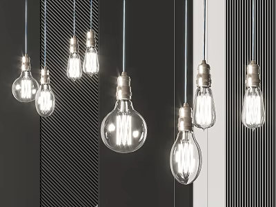 Vintage Retro Pendant Lights With Transparent Glass Shade And Visible Filament Against Striped Wall 3d model
