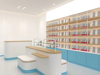 Bright Modern Specialty Store Interior With White Walls Blue Cabinets Shelves Products And Glass Counter 3d model
