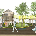 Playground Equipment With Tree House Aerial Walkway Green Trees Wooden Deck And Children Playing