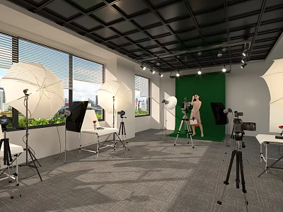 Professional Photography Studio Setup With Green Screen Lighting Tripods And Softbox Umbrellas 3d model