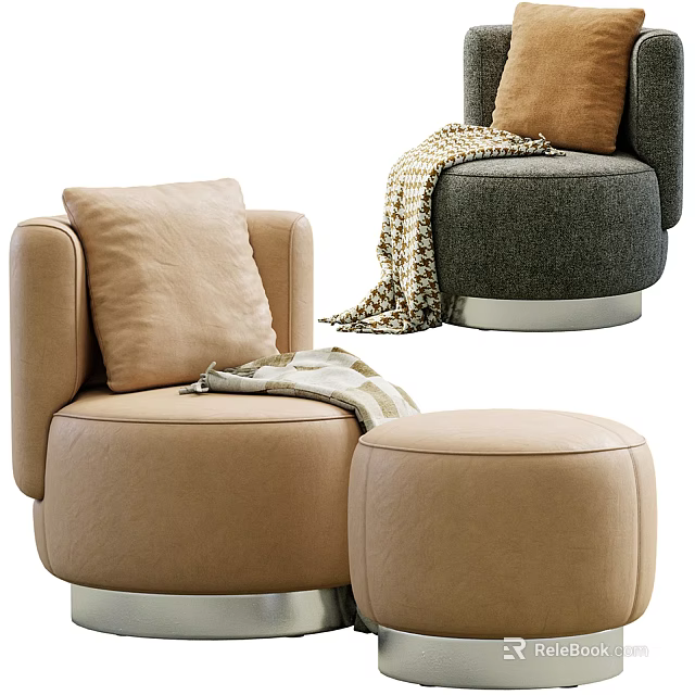Cozy Modern Beige Armchair With Soft Pillow Knitted Blanket And Round Ottoman 3d model 