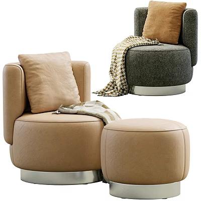 Cozy Modern Beige Armchair With Soft Pillow Knitted Blanket And Round Ottoman 3d model