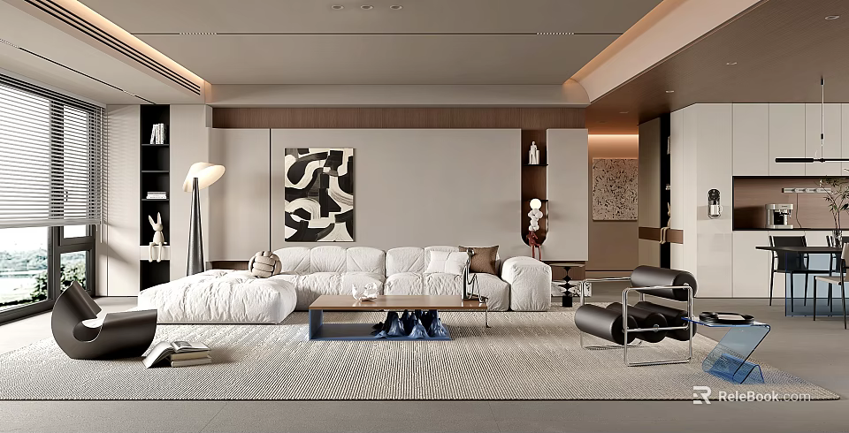 Modern Elegant Dining and Living Room Interior With Open Concept White Sofa And Decorative Painting 3d model 