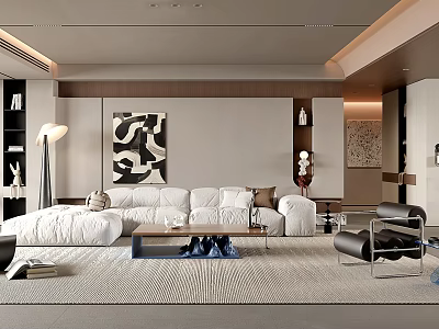 Modern Elegant Dining and Living Room Interior With Open Concept White Sofa And Decorative Painting 3d model