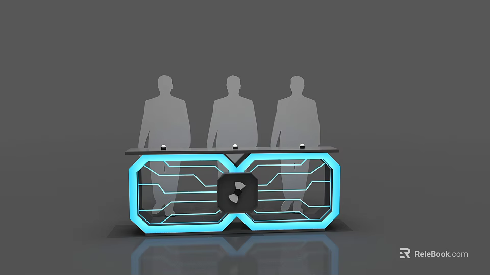 Modern Reception Desk With Geometric Design Blue Illuminated Lines And Silhouette Figures On Reflective Floor 3d model 