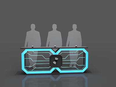 Modern Reception Desk With Geometric Design Blue Illuminated Lines And Silhouette Figures On Reflective Floor 3d model
