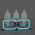 Modern Reception Desk With Geometric Design Blue Illuminated Lines And Silhouette Figures On Reflective Floor