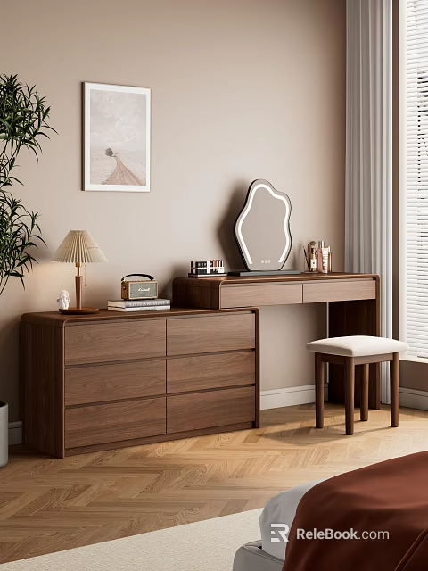 Walnut Wooden Dressing Table With Mirror Stool Dresser Table Lamp And Cosmetics 3d model 