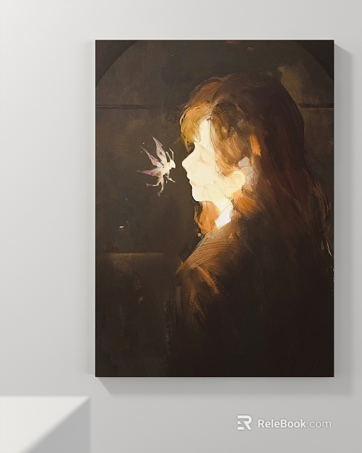 Figure Painting of Woman with Long Hair and Butterfly in Warm Light Shadow Dark Background Oil Style 3d model 